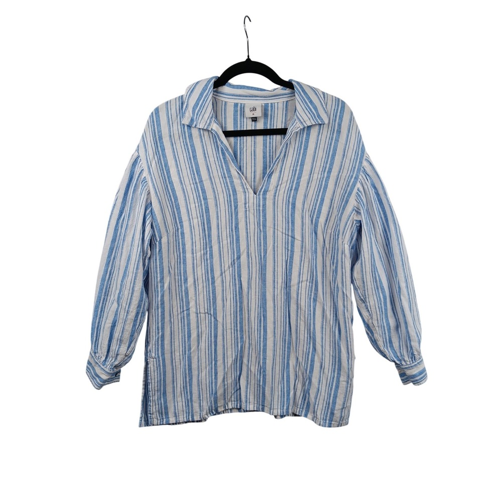 Cabi Womens Blue White Stripe Collared V Neck Linen Blend Long Sleeve Shirt M